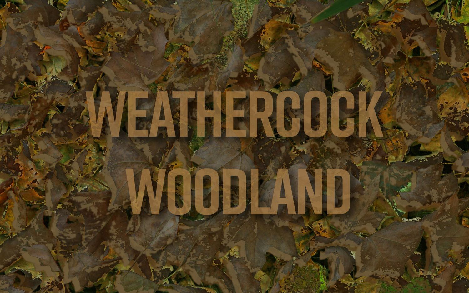 Weathercock Woodland features layered brown and light green tones with shadowed depth create a textured woodland camo