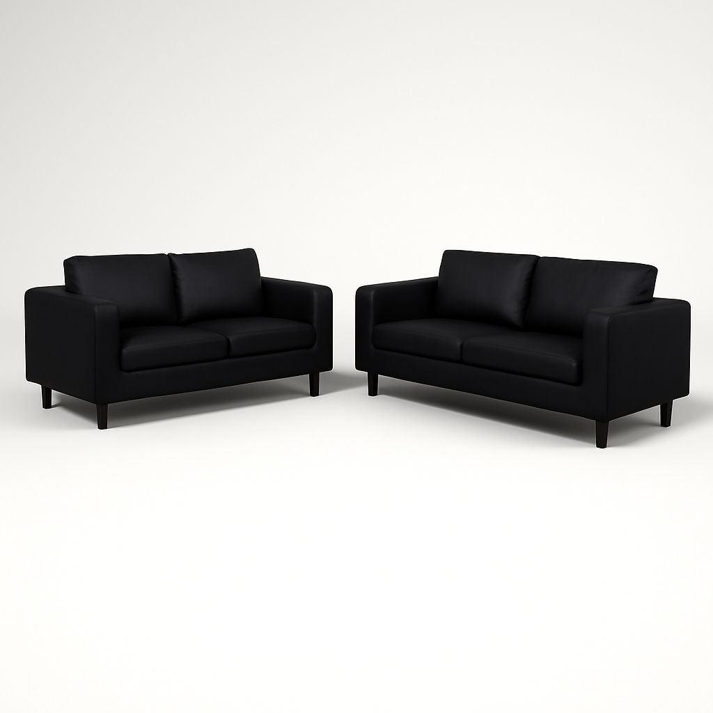 Box Black Faux Leather 3+2 Sofas Set