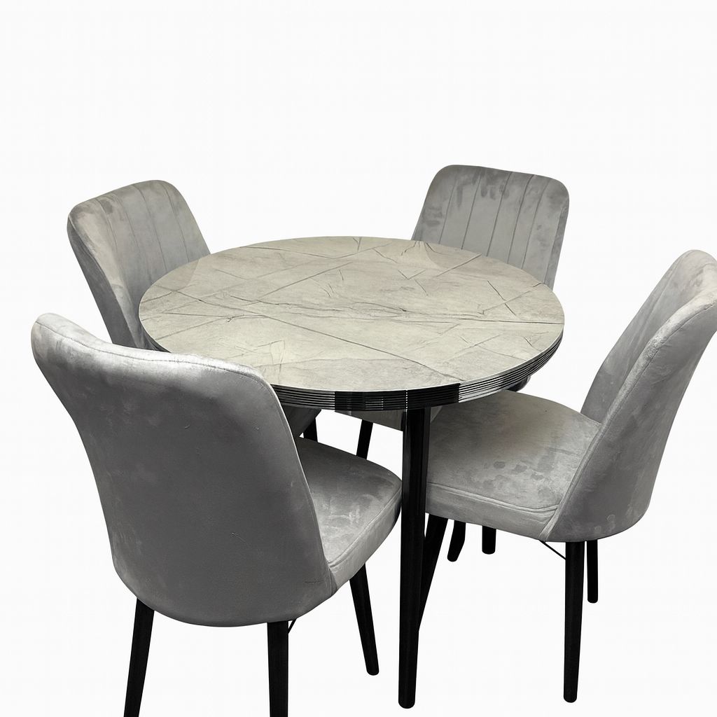 High Gloss Round Wooden + 4 Velvet Chairs