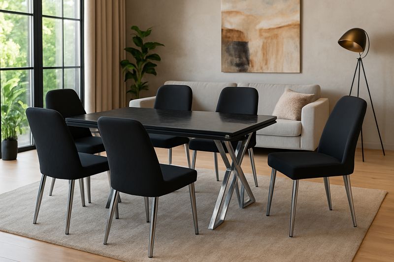 Aris Antrasit High Gloss Table + 6 Chairs