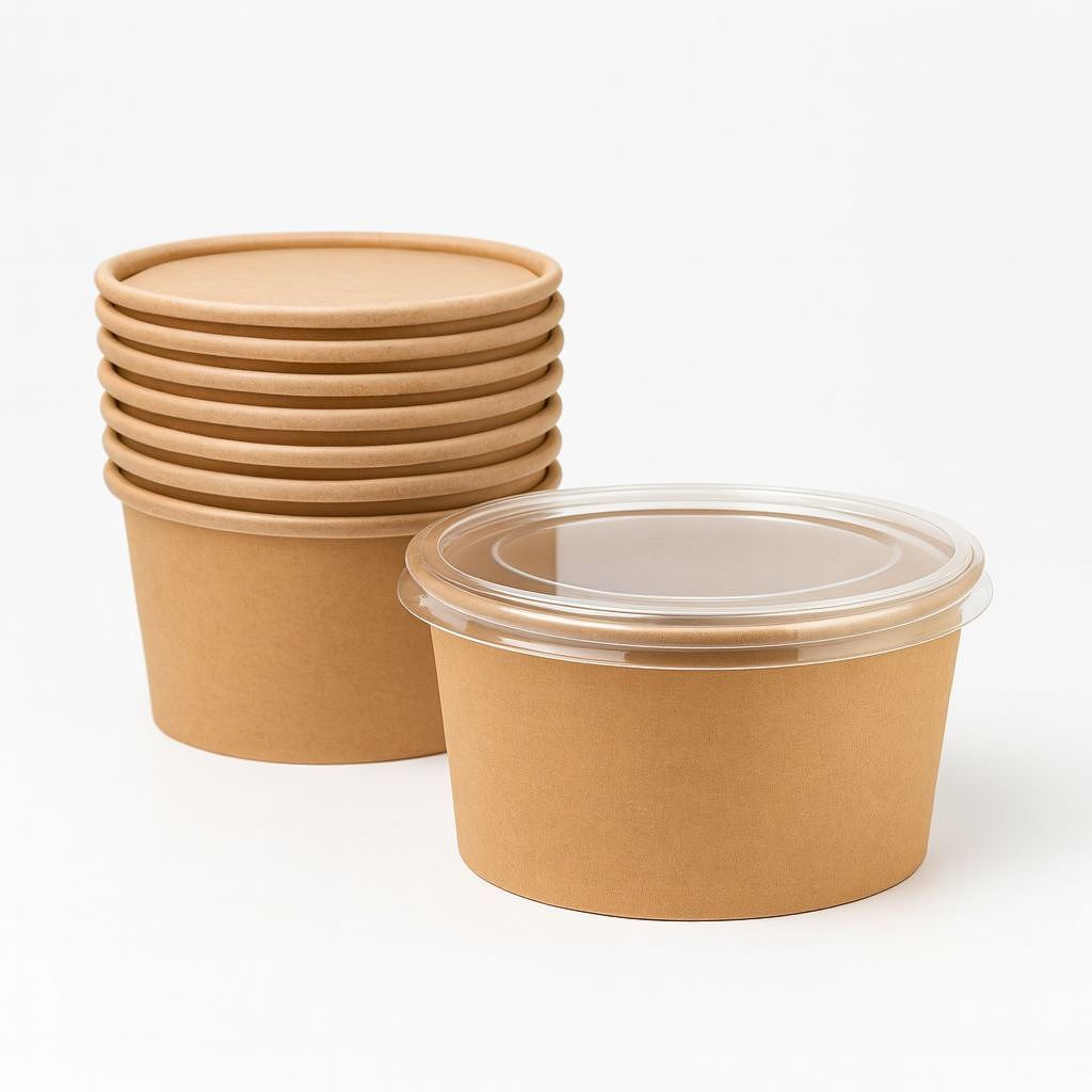 Round Kraft Paper bowl with Clear lid -25pcs
