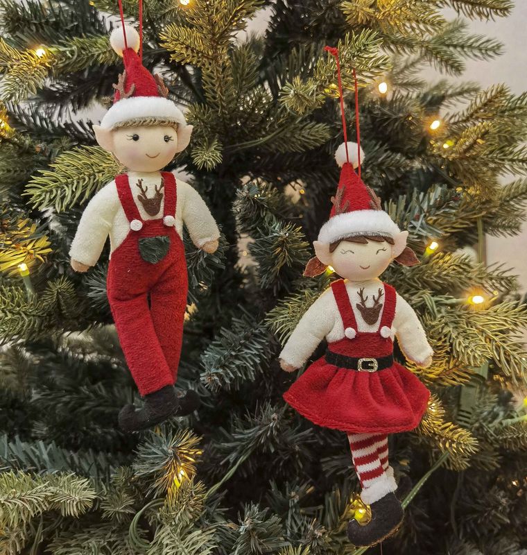 Elf Boy &amp; Girl Hanging Decoration Red, White &amp; Green 20cm