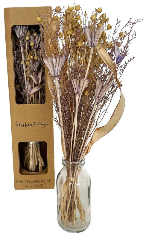 Dried Floral Posie in Glass Blue
