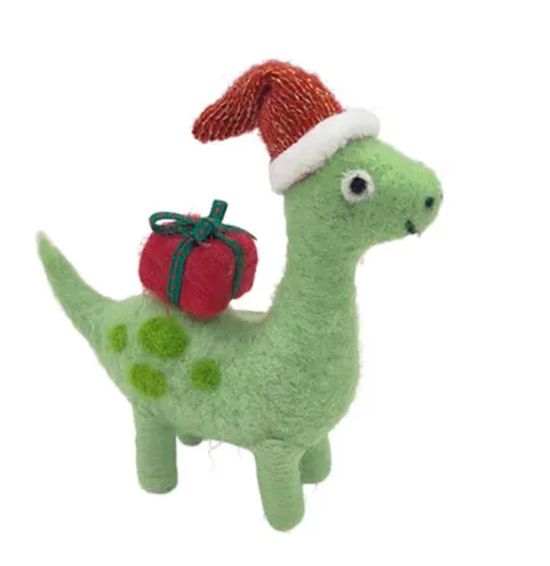 Dino Carrying Present Felt Christmas Decoration - Green