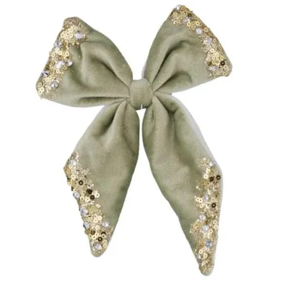Embellished Christmas Bow with Clip - Green/Gold - 15cm