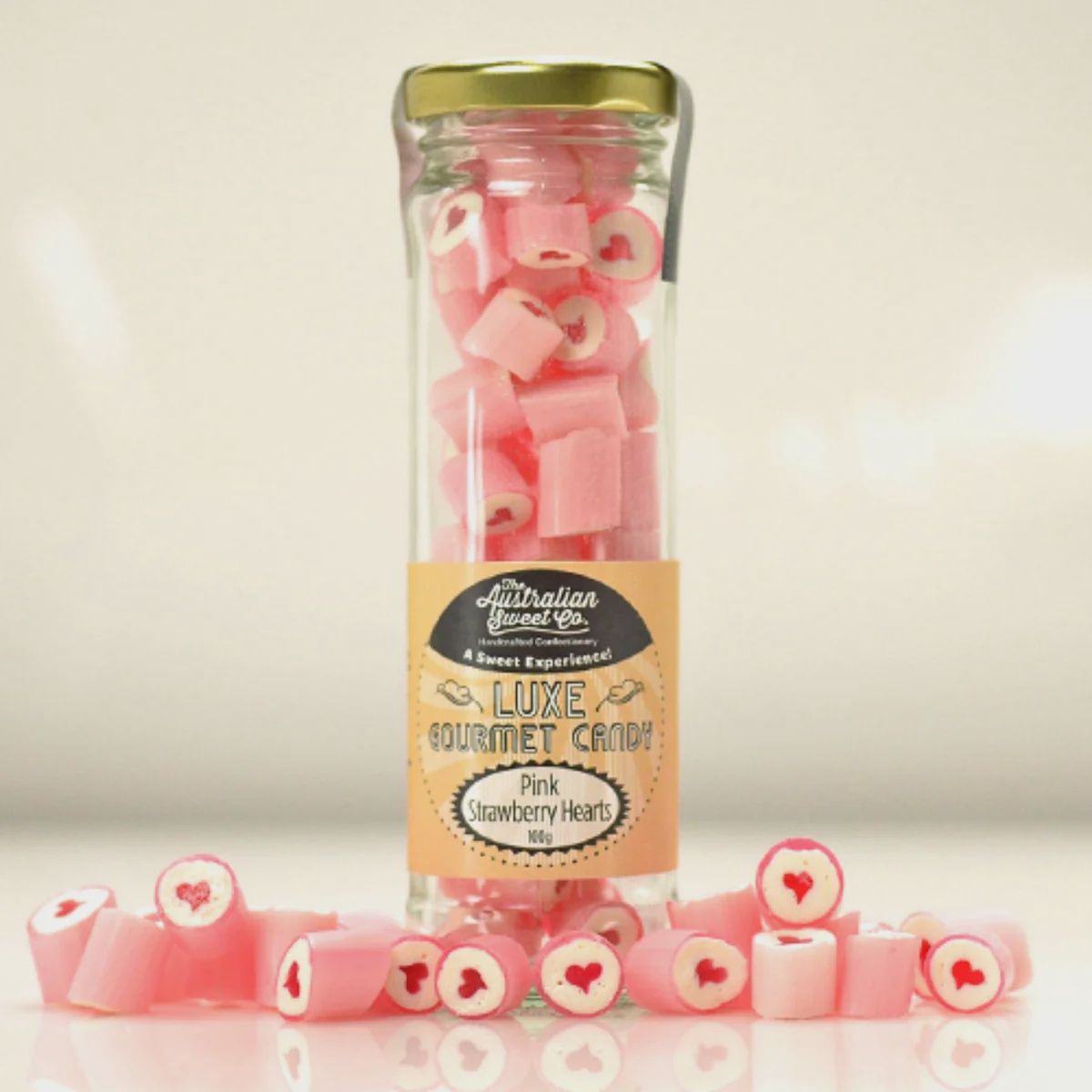 Pink Strawberry Heart Luxe Rock Candy - 100g jar