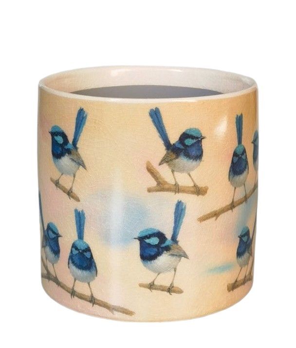 Blue Wren Planter Blue &amp; Yellow 14cm