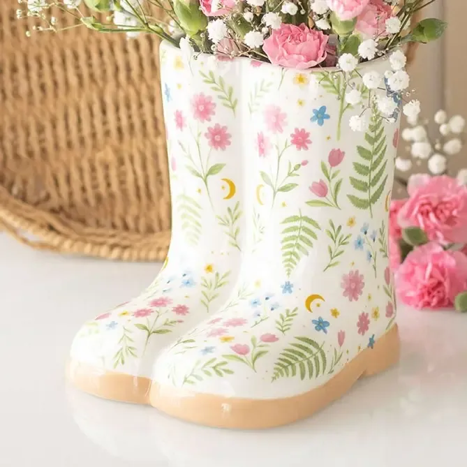 Luna Bloom Floral Print Ceramic Welly Boot Planter