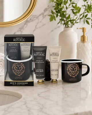 Mug with Body Wash, Body Lotion and Shower Loofah
