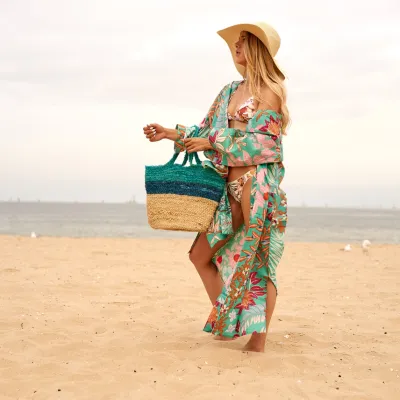 Frida Kahlo Tropical Cotton Kimono Robe – Aqua Green