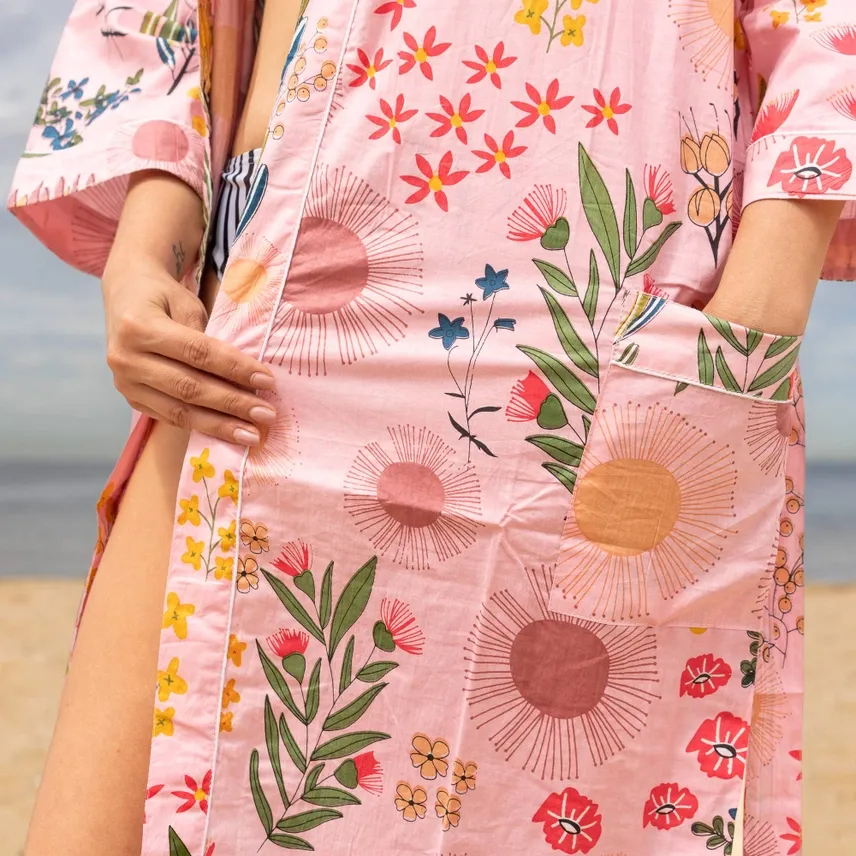Cotton Kimono Robe – Floral Block Print