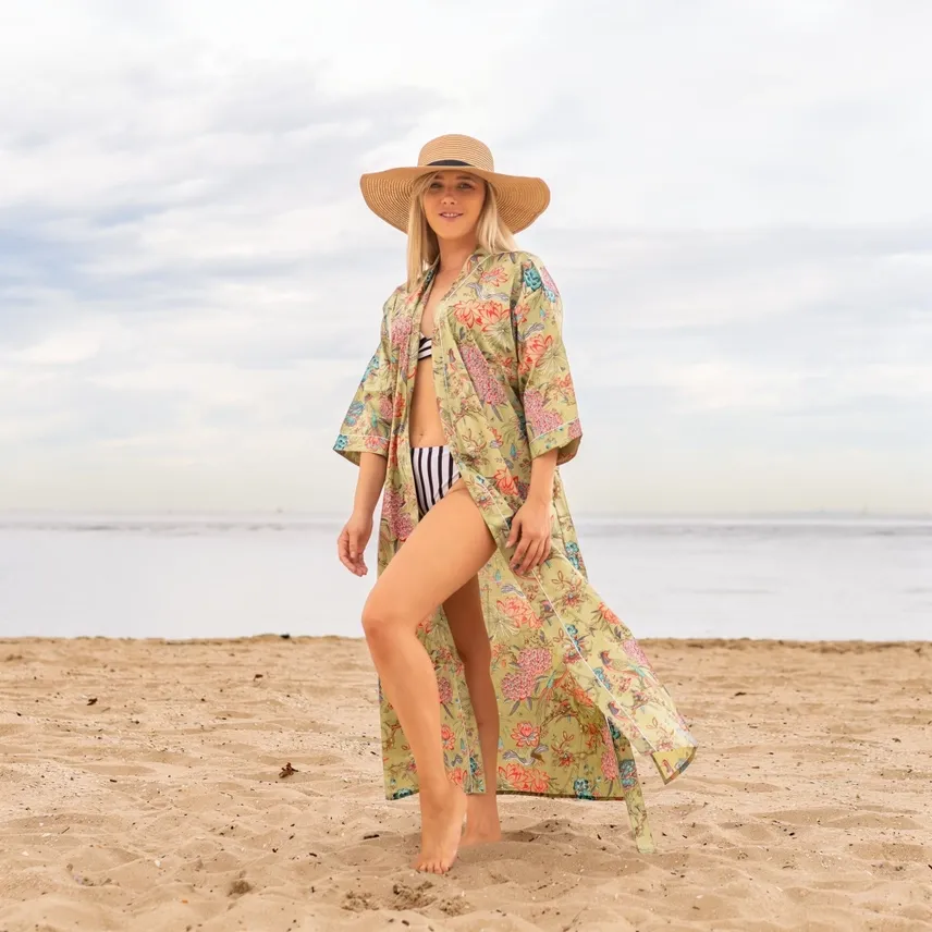 Cotton Kimono Robe – Green Peacock