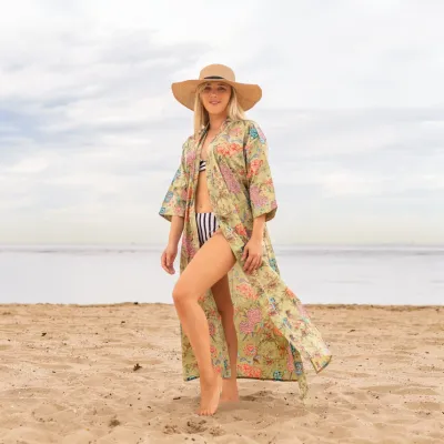 Cotton Kimono Robe – Green Peacock