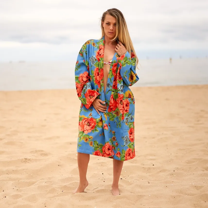 Frida Cotton Waffle Kimono Bathrobe – Floral Blue