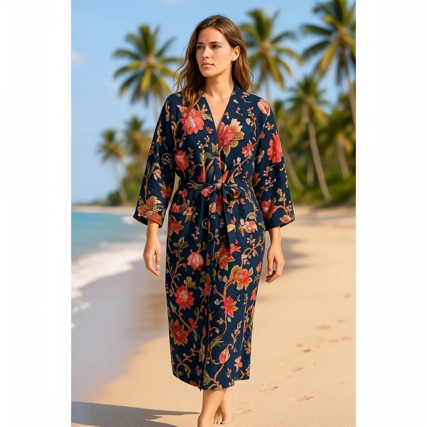 Linen Bloom Waffle Kimono Bathrobe – Midnight