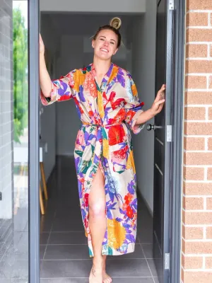 Frida Kahlo Cotton Kimono Robe – Floral Print Nude