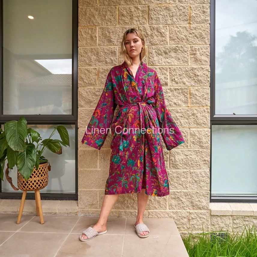 Frida Cotton Kimono Robe – Magenta Tropical