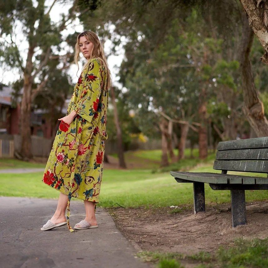 Velvet  Floral Kimono Robe – Mustard Yellow