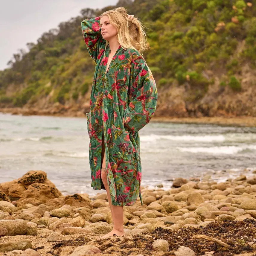 Velvet Kimono Robe – Emerald Botanical Floral