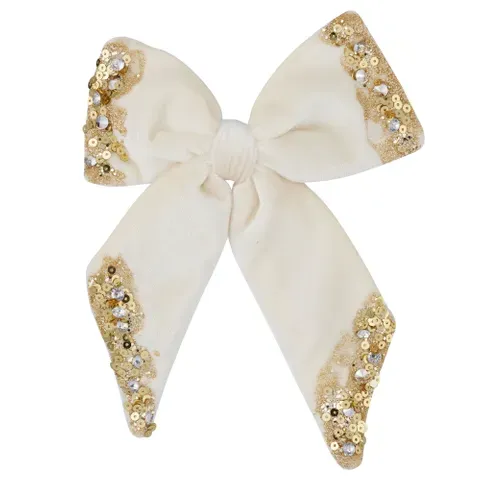 Embellished Christmas Bow with Clip - Gold &amp; White - 15cm