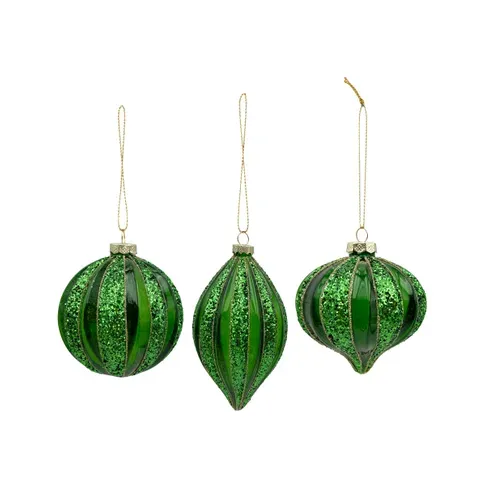Festive Bauble Glass 8cm Green 3 Asst