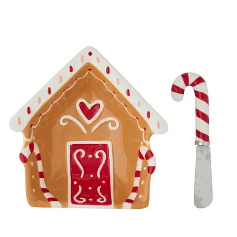 S/2 Gbread House Cer Dip Bowl w Spreader