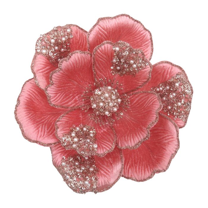 Clip-On Magnolia Christmas Decoration – Beaded Petals Coral Pink | 22cm