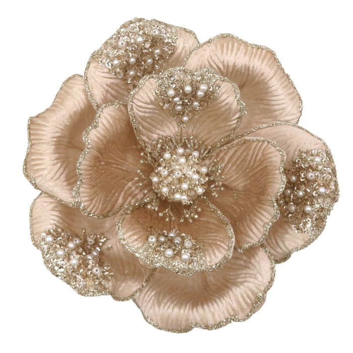 Clip-On Magnolia Christmas Decoration – Beaded Petals Champagne | 22cm