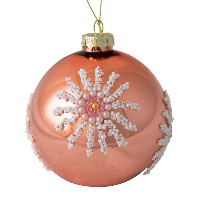 Glass Christmas Bauble – Pink with Pearl Flowerburst | 10cm