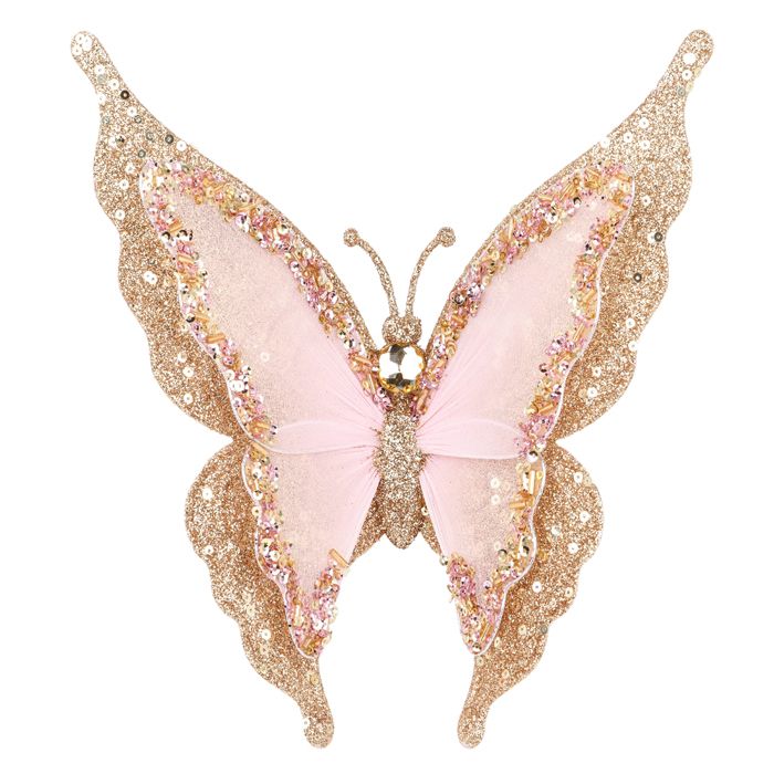 Clip-On Butterfly Christmas Decoration – Gold with Pink Centre | 20.3cm