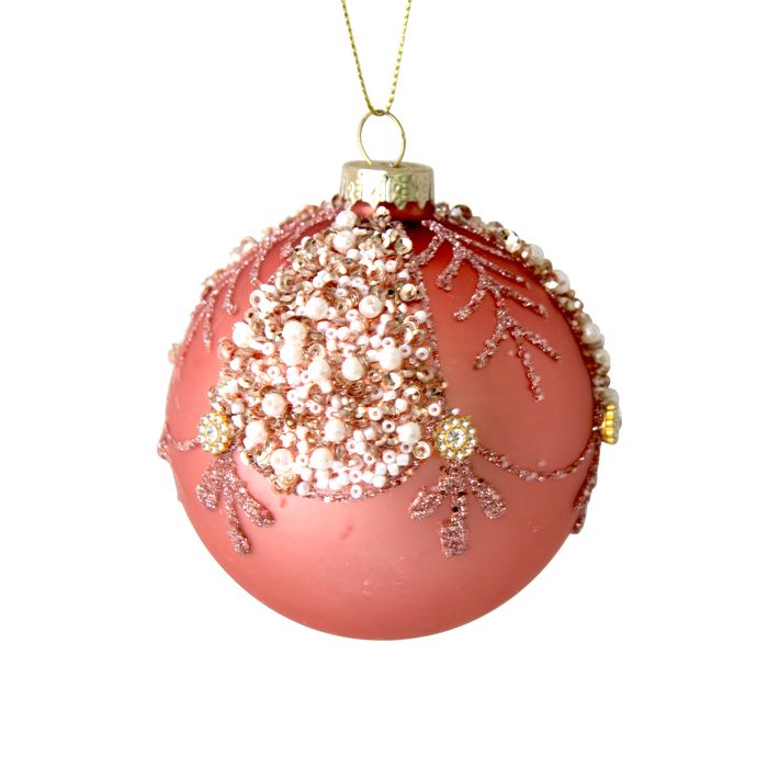 Glass Christmas Bauble – Pink Pearl with Champagne Pearl Crust | 8cm