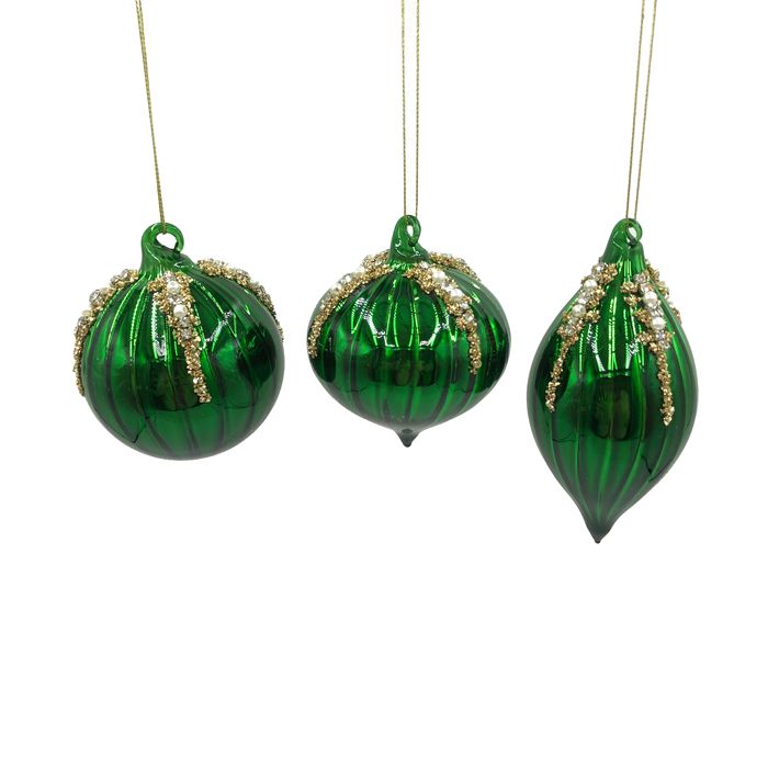 Glass Christmas Baubles – Emerald Green with Gold Beading | Set of 3 | 8cm