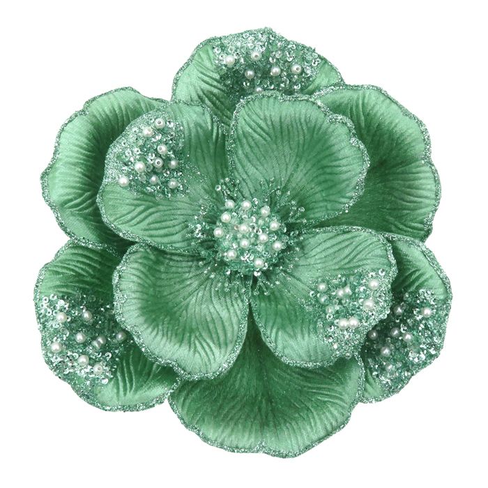 Clip-On Magnolia Christmas Decoration – Beaded Petals Dark Mint | 22cm