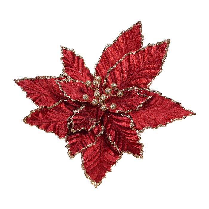 Clip-On Poinsettia Christmas Decoration – Burgundy with Gold Edges | 32cm