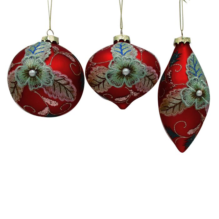 Glass Floral Christmas Bauble – Red, Blue &amp; Champagne | 10cm | 3 Assorted Designs
