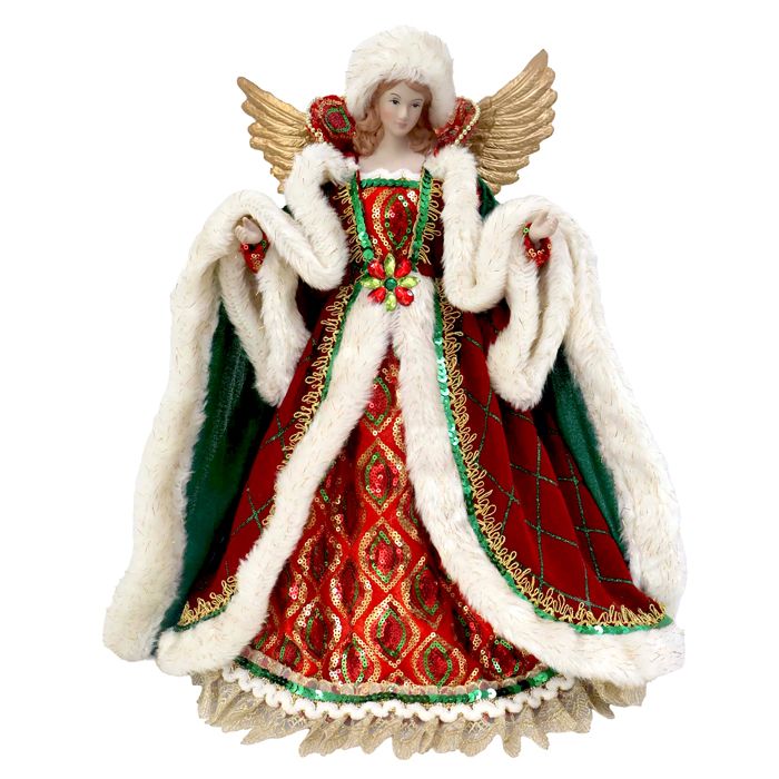 Fabric Angel Christmas Tree Topper – Red, Green &amp; Champagne | 40.5cm