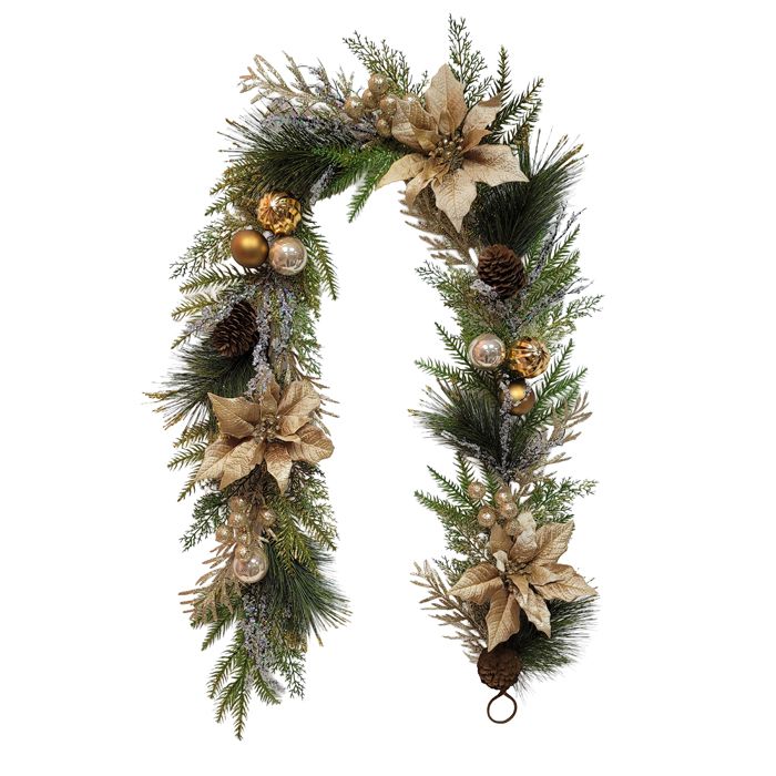 Champagne &amp; Copper Poinsettia Christmas Garland – 183cm
