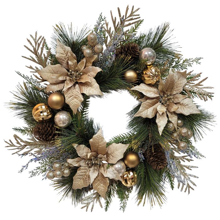 ✨ Champagne &amp; Copper Poinsettia Christmas Wreath – 61cm