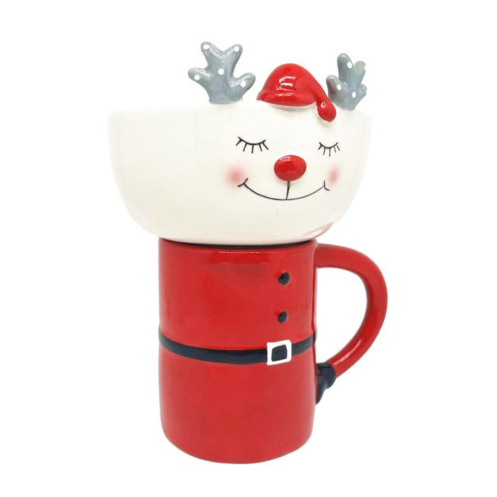 Ceramic Christmas Reindeer Bowl &amp; Santa Mug Set – Red