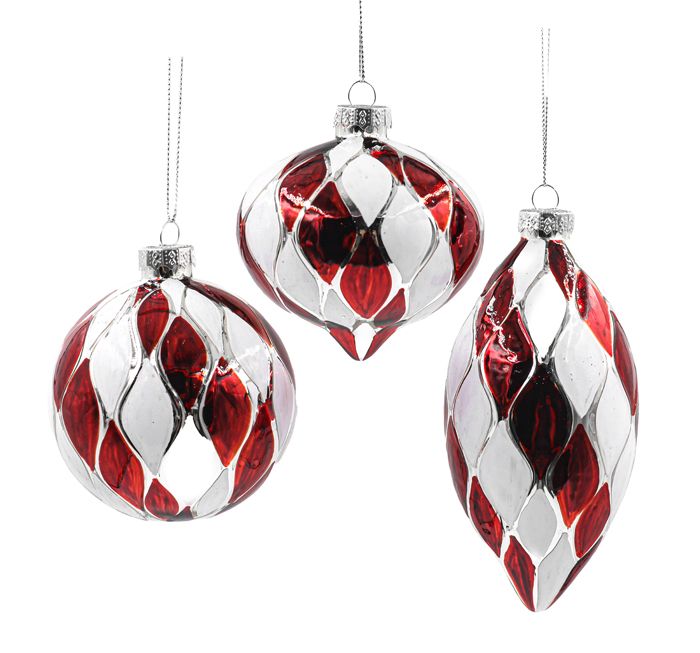Glass Christmas Baubles – Red, White &amp; Silver Swirl | Set of 3 | 8cm