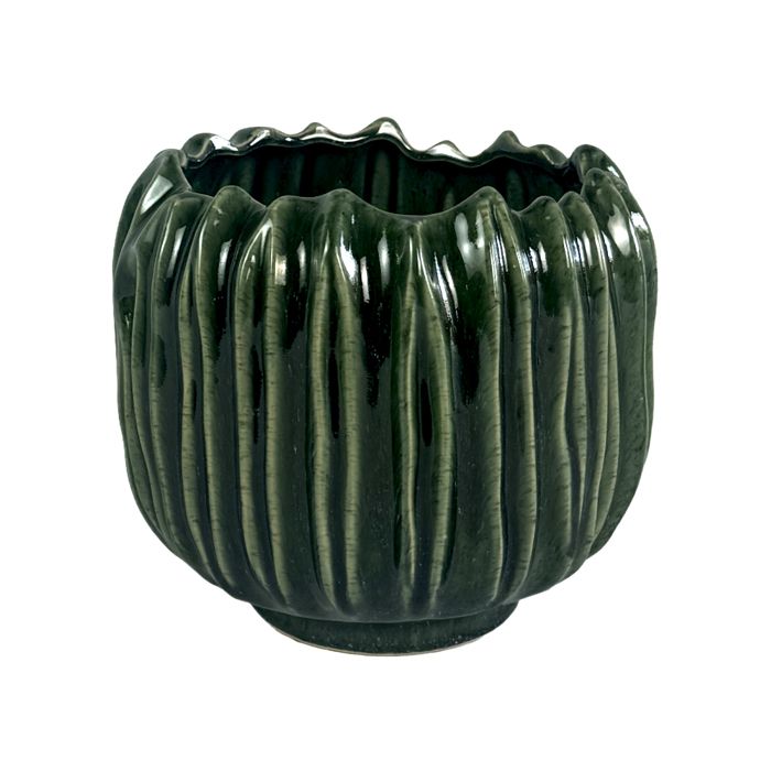 Cass Stoneware Ribbed Vase – Dark Green | Wide | 23cm