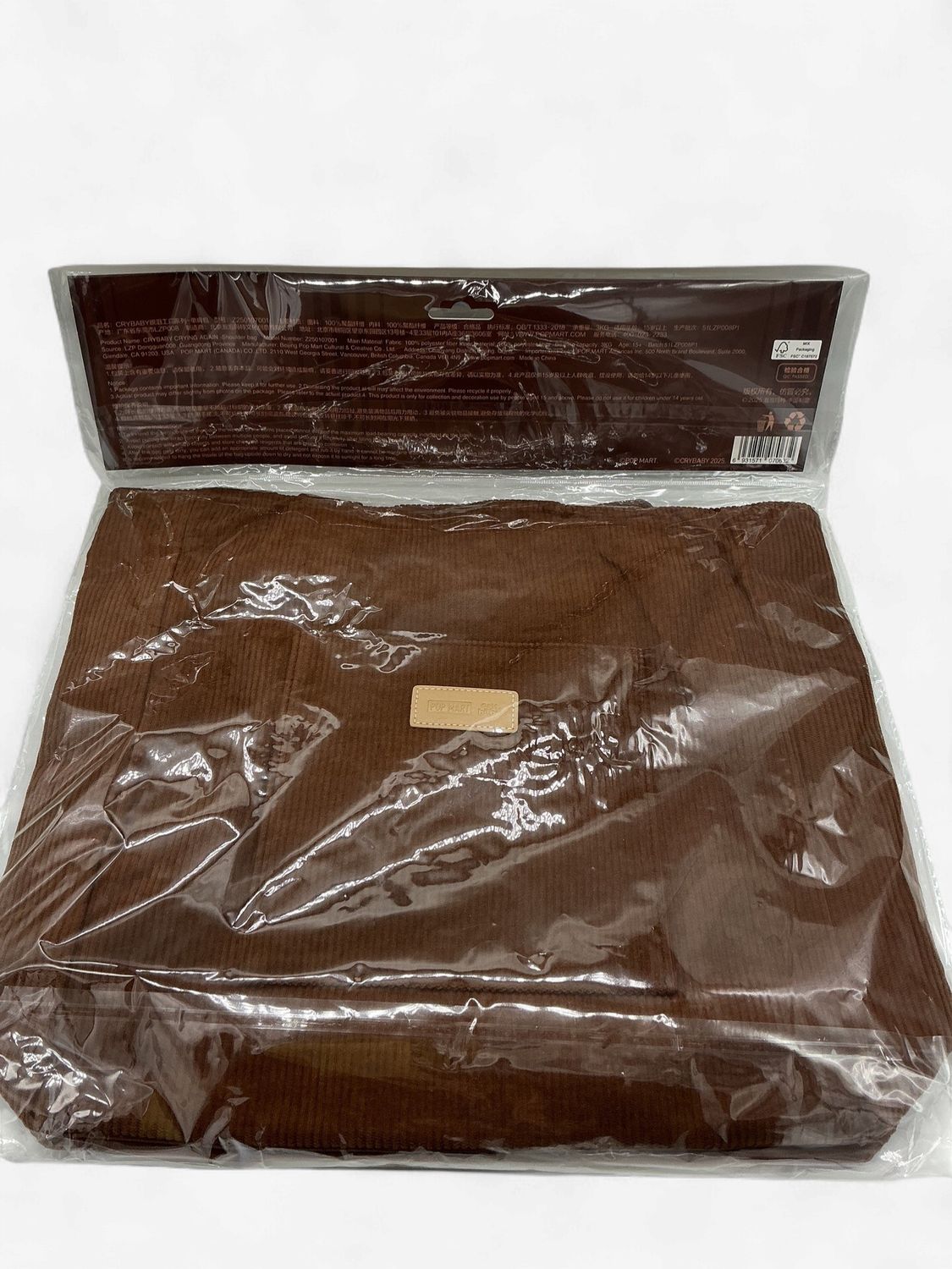 POP MART Crybaby Crying Again Corduroy Tote Bag – Brown – New Sealed