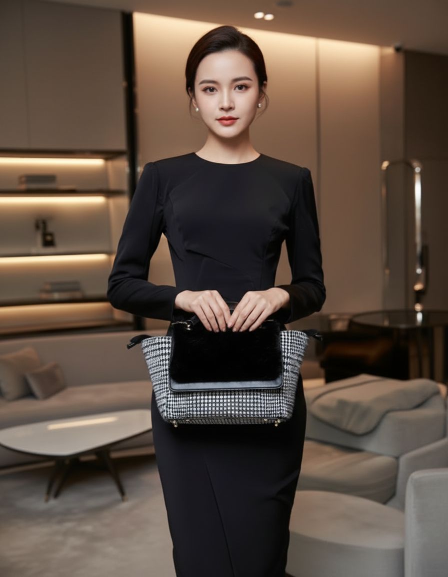 Luxury Houndstooth Black Fur Edition – Designer-Handtasche Luxury Houndstooth Black Fur Edition – Designer-Handtasche