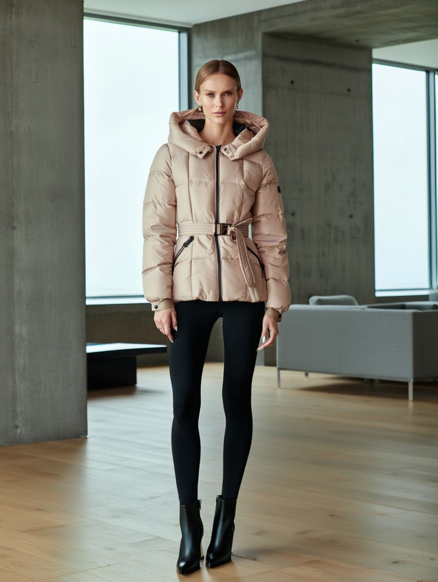 Belted Puffer Jacket in Nude – Luxury Winter Performance