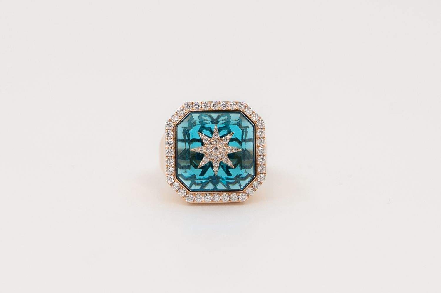 Ring Blue Aquamarine, Star with Diamonds