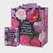 A GODLY WOMAN PLANTS SEEDS OF FAITH THAT BLOOM FOR ETERNITY LAMINATED NION-WOVEN TOTE &amp; SPIRAL NOTE BOOK GIFT SET