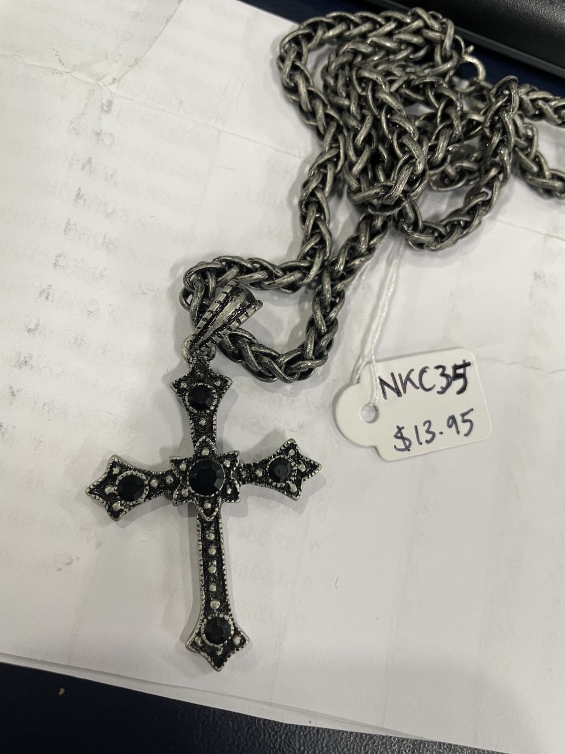 Braided Chain Burn Slv Cross w/ Blk Stones Necklace