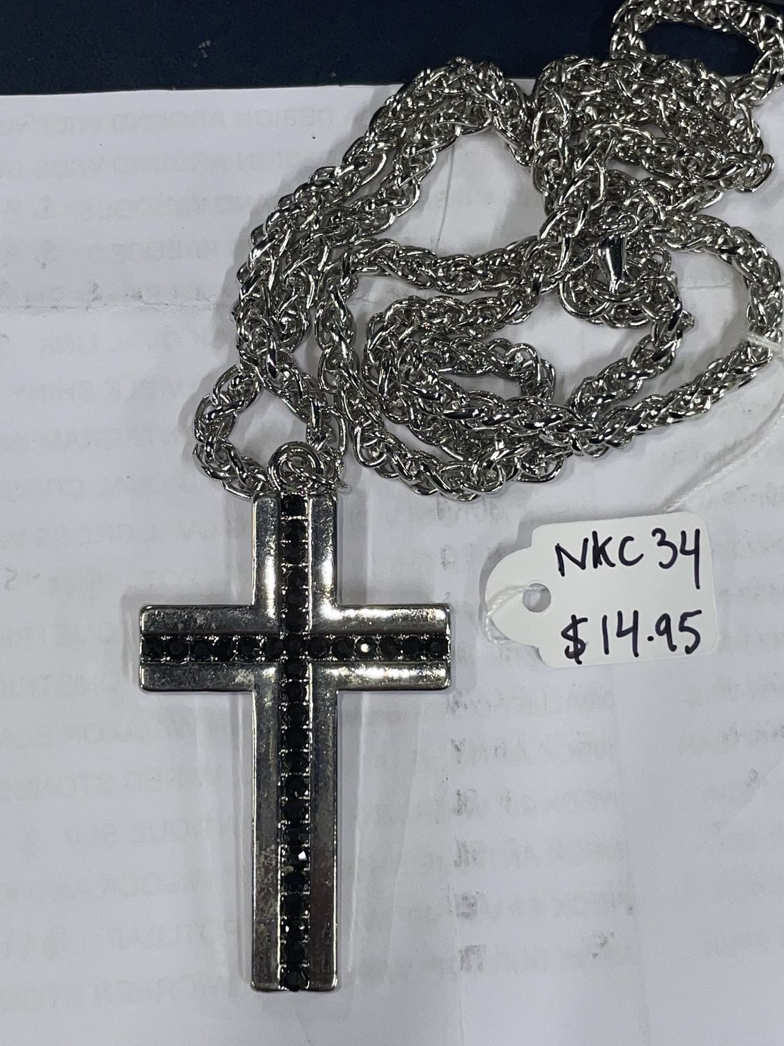Silver Cross w/ Single Row Blk Jewels Necklace