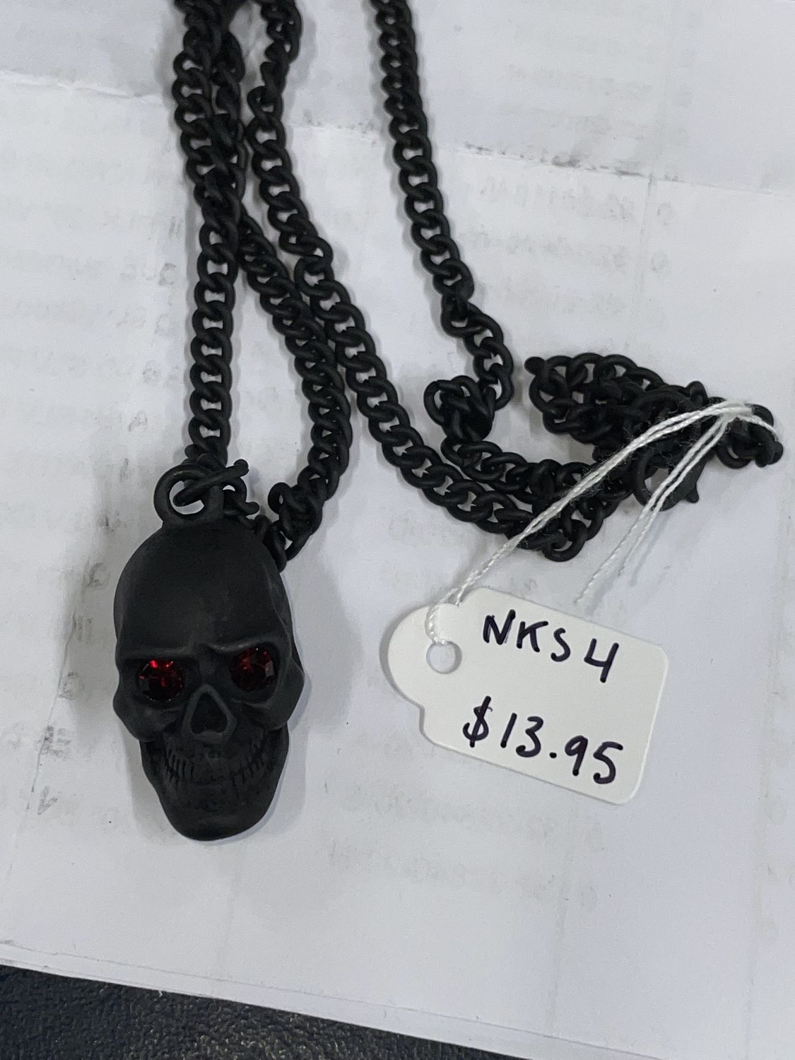 Matte Black Skull w/Jewels in Eyes Necklace