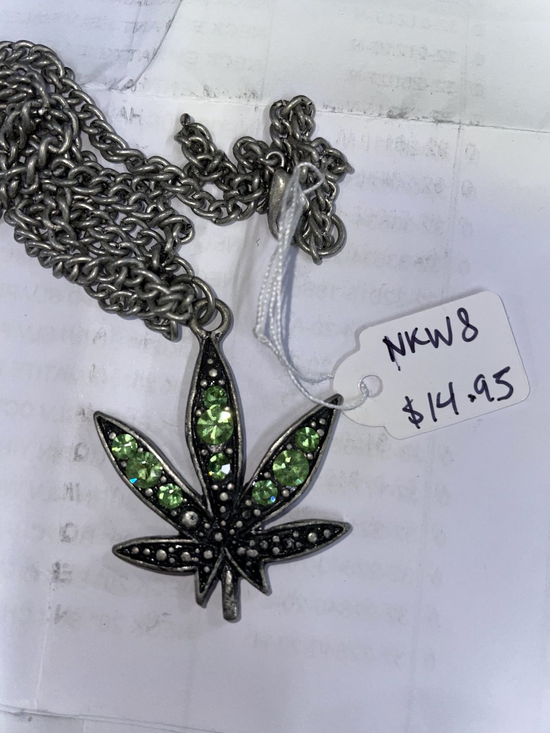 Burn Slv Weed w/Green Rhinestones Necklace